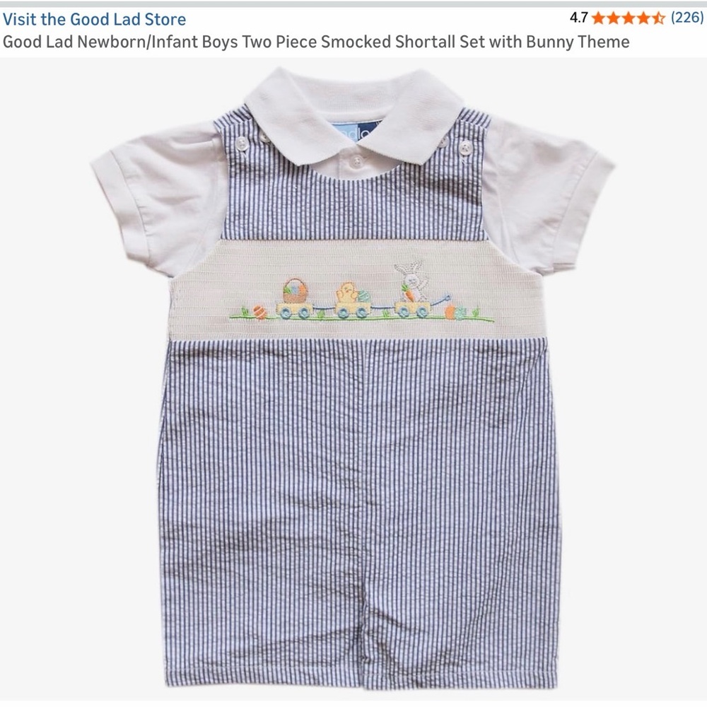 Good Lad Two Piece Smocked Shortall Set with Bunny Easter 18M